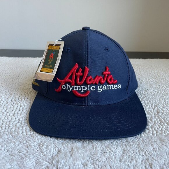 90s Vintage Atlanta Olympics Snapback Hat OSFA Dead Stock Embroidered Navy Blue - Picture 1 of 9